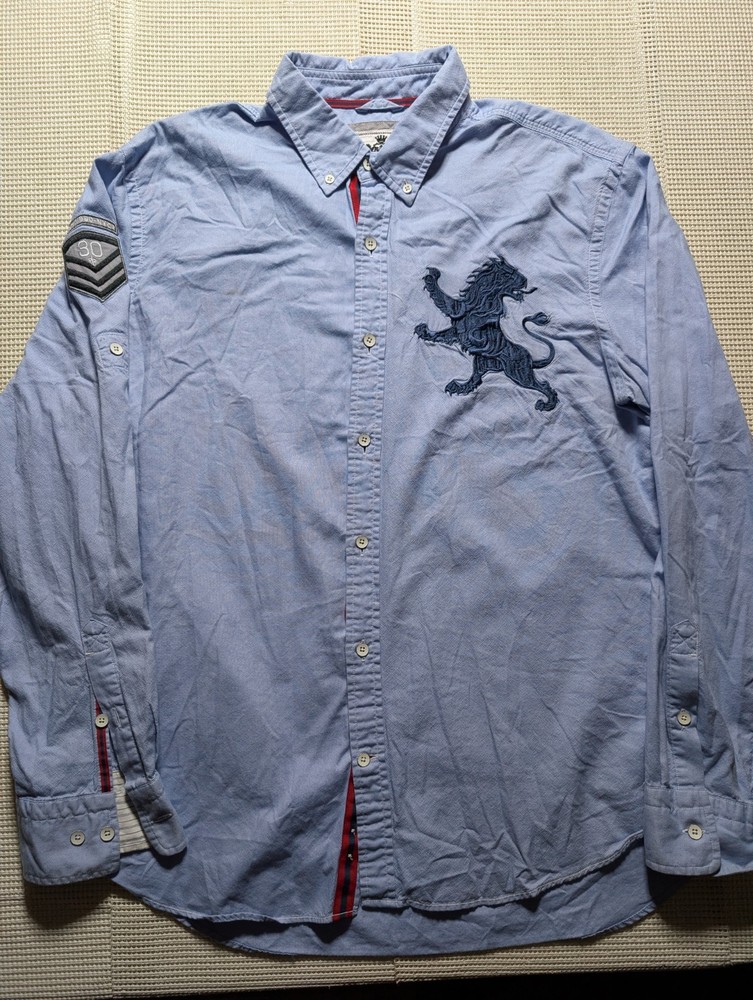 Express Mens Big English Lion Military Business Casual Blue Shirt Mens Size XL