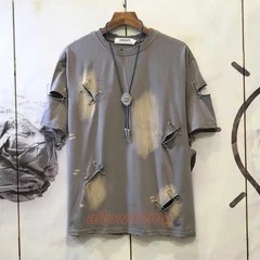 Men’s Punk Rock Distressed T-Shirt Safety Pin Hollow Out High Street Hip Hop Top