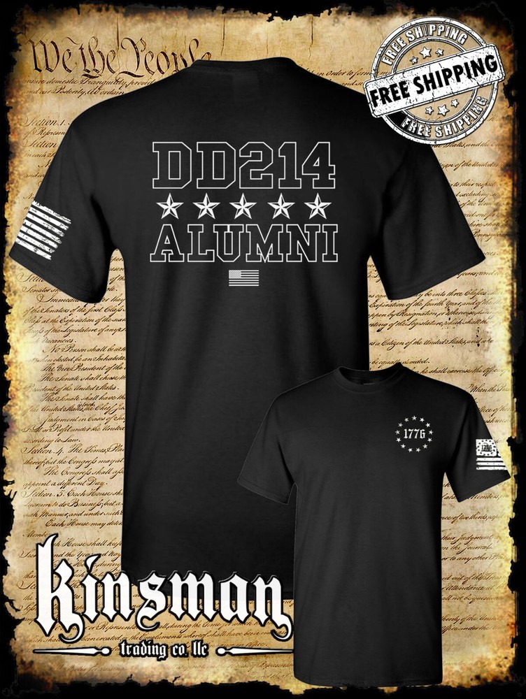 DD214 Alumni Stars USA Flag Military 2-Sided T-Shirt Army Marines Navy Veteran