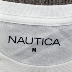 Nautica Shirt Mens Medium White Logo Stripe Graphic Tee Tagless Nautical