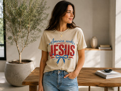 America Needs Jesus Shirt Patriotic Christian Faith Bow Tee Cream Women