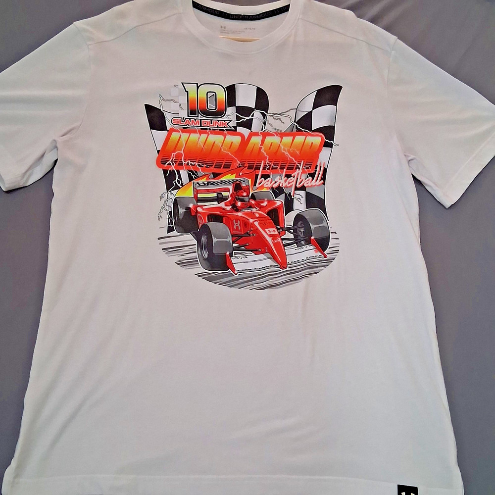 Under Armour Hoops Finish Line Racing Basketball Shirt Men’s Large White Graphic