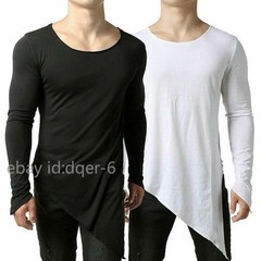 Mens Asymmetric Slit Hem Summer T-shirt Top Tee Long Sleeve Pullover Shirt Hot