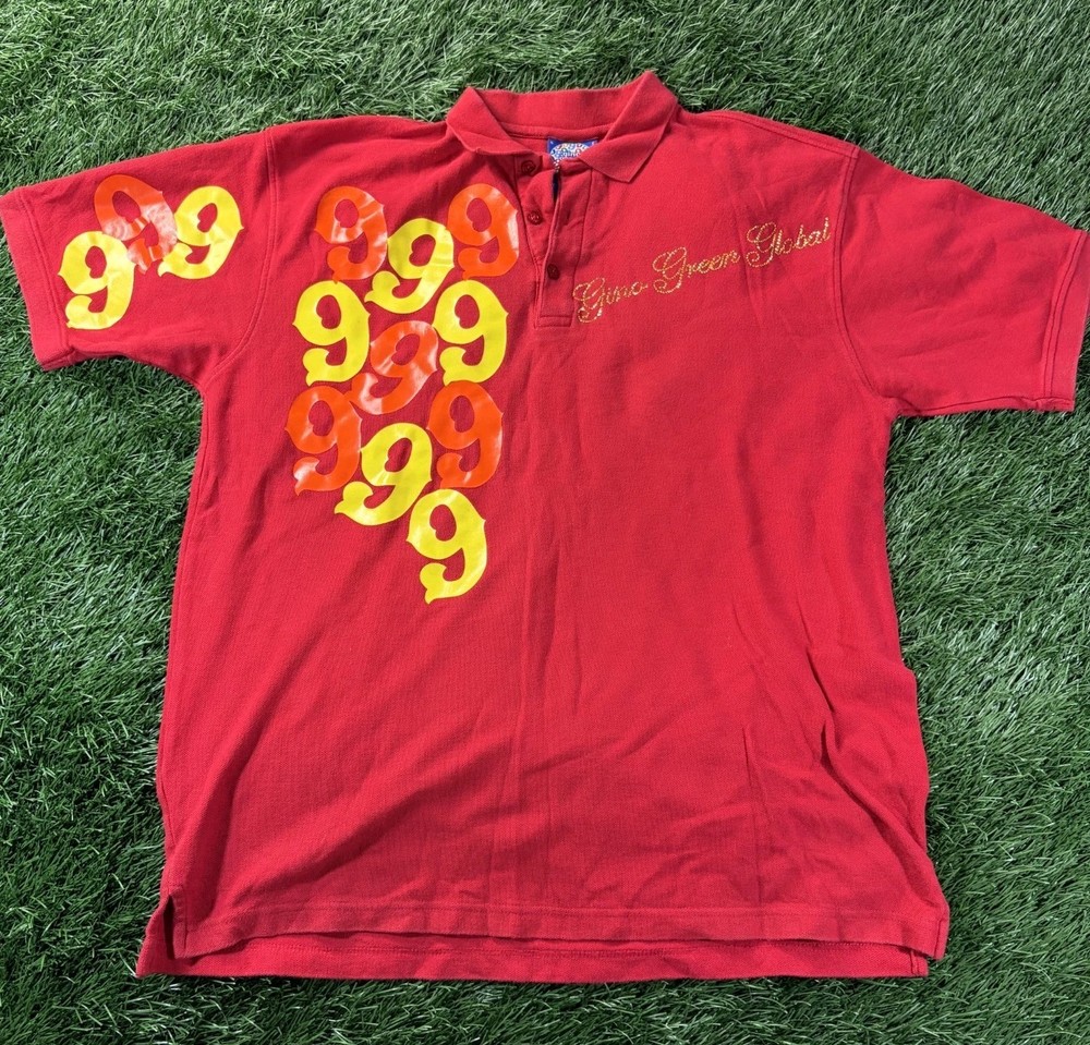 Gino Green Global Red Polo Y2K grail 999 Vintage Rhinestones Size XL