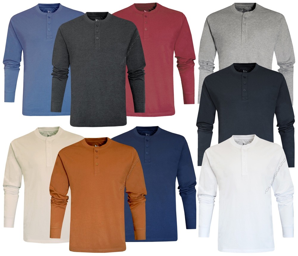 Mens Henley Plain Long Sleeve Jersey Grandad Neck T-shirt Top Causal M – 3XL
