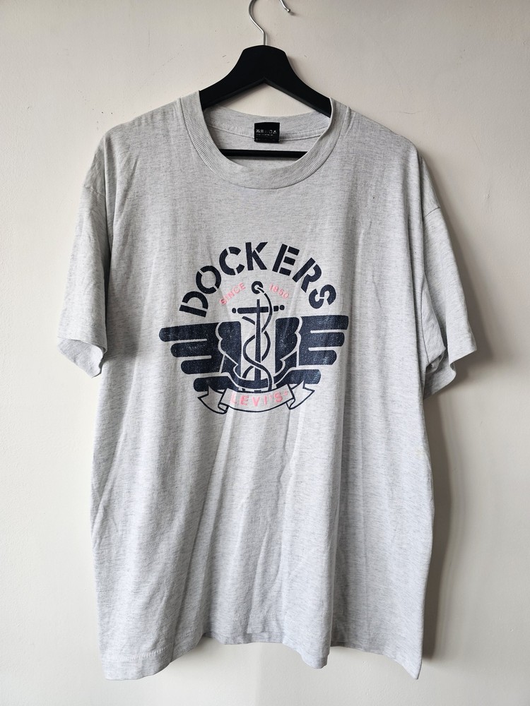 Vintage Dockers Levis Shirt Mens Extra Large Gray Graphic Tee Winged Anchor 90s