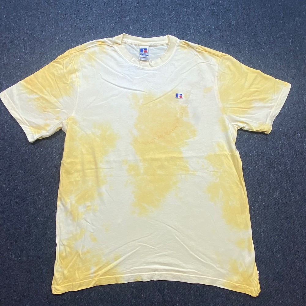 Russell Athletic T Shirt XL Mens Yellow Tie Dye Acid Wash Embroidered Logo