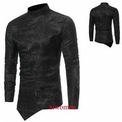 Men Printed Shirt Vintage Long Sleeve Grandad Collar Top Asymmetric Hem Slim YM0