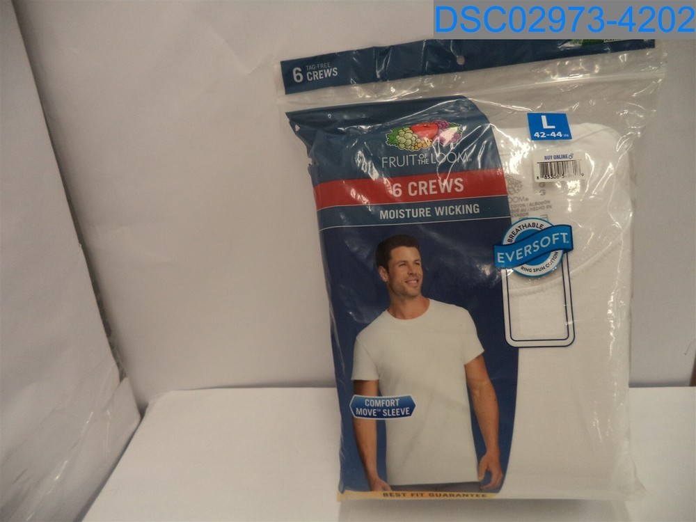 Qty= 6 (1 Pack of 6): Fruit of The Loom: Men’s White Large Tagless Crew T-Shirt
