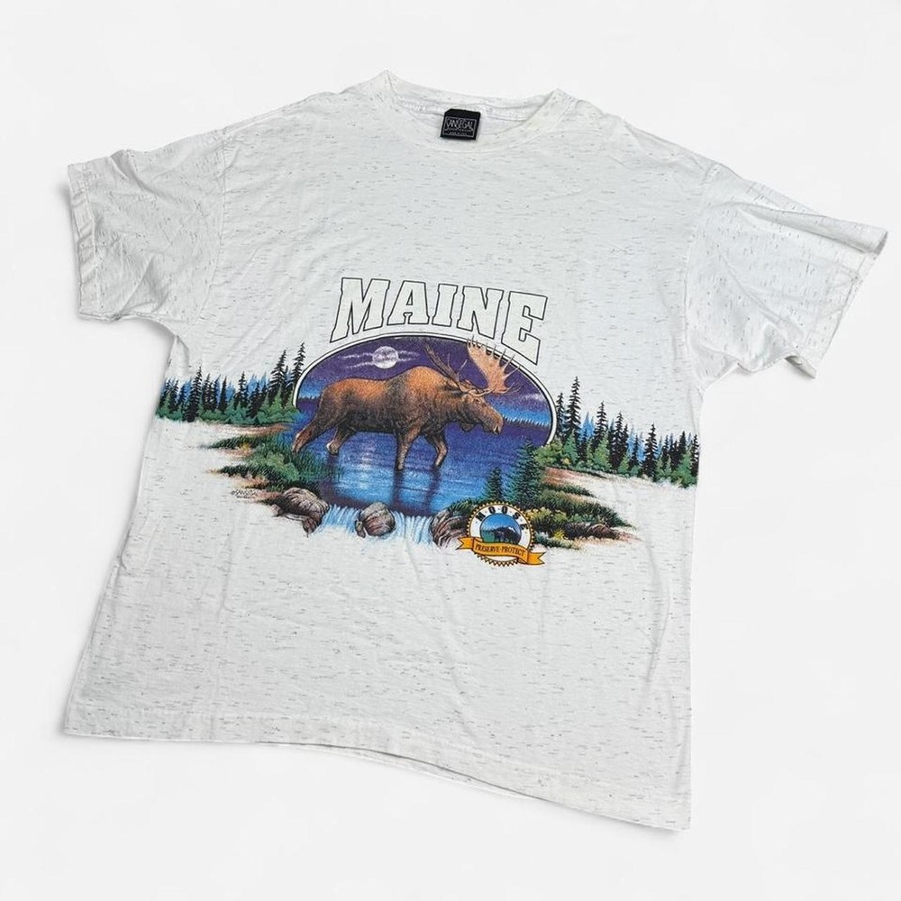 Vintage 90s Maine Moose Nature Graphic wrap Tee double sided Large USA San Segal