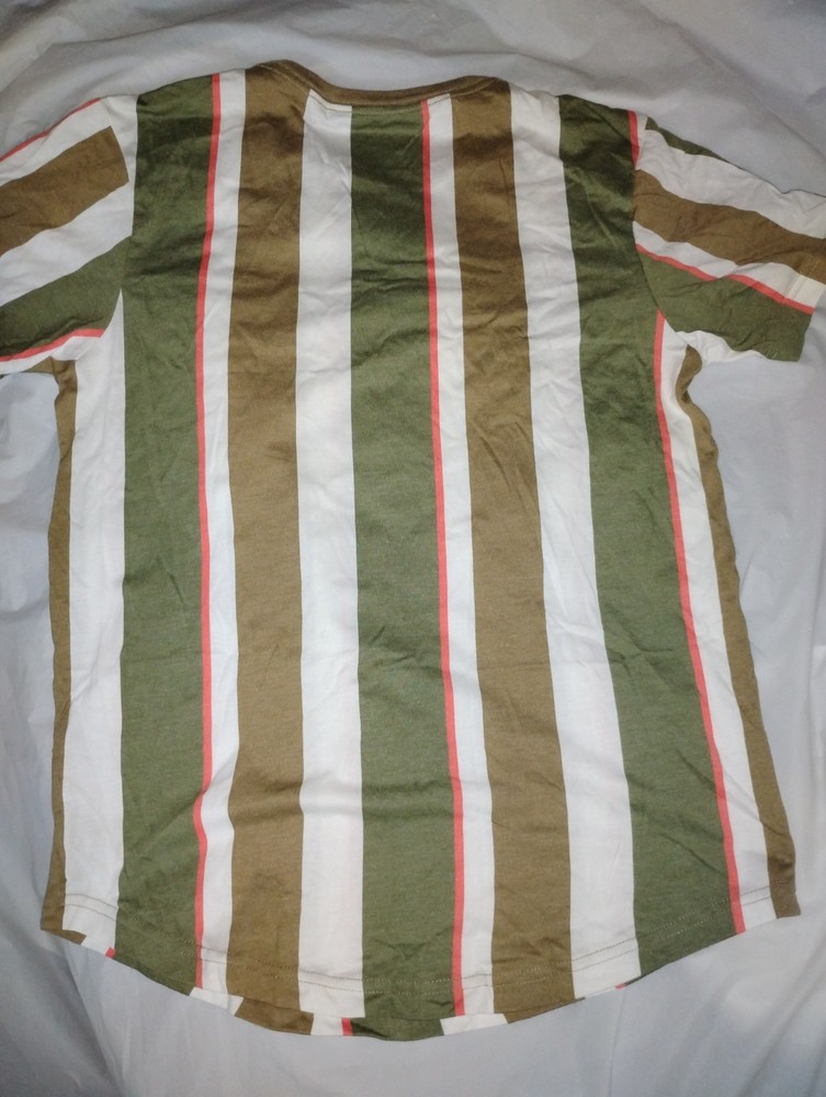 Original Use Green Brown White Striped Short Sleeve Curved Hem T-Shirt, Childs S
