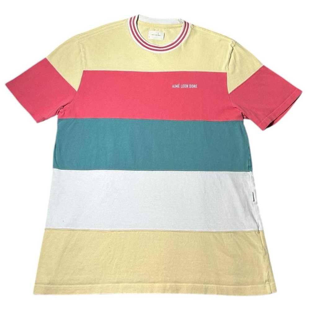 Aime Leon Dore Striped Ribbed Collar T Shirt Cream Red Green Men’s Size Medium