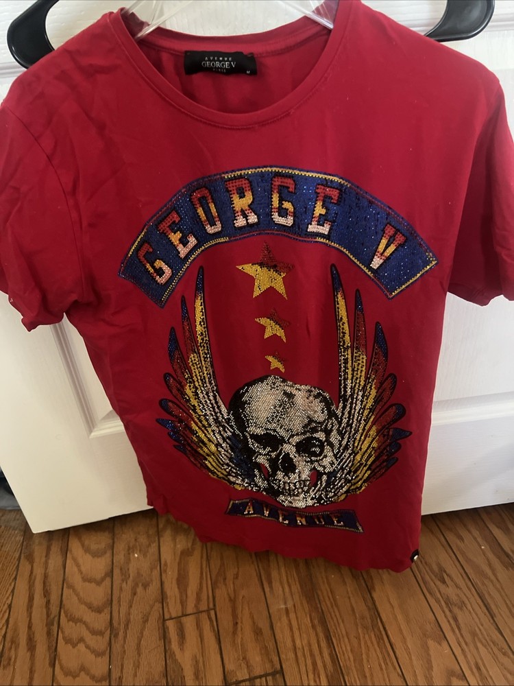 Avenue George V Paris Men’s Short Sleeve Red T-shirt Skull rhinestone M