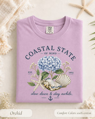 Coastal State of Mind Shirt, Comfort Colors Hydrangea Seashell Beach Tee