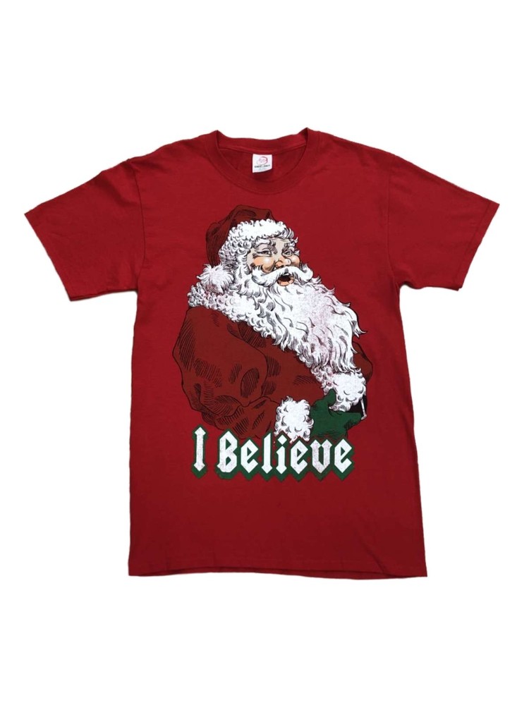 Men’s Size Small (34-36) Red Santa Claus “I Believe” Christmas Holiday T-Shirt