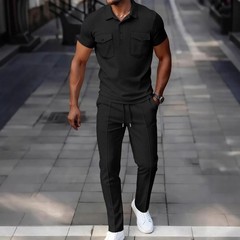Mens 2 Piece Waffle Knit Polo Tracksuit Set Casual Summer Shirt Pants Outfit