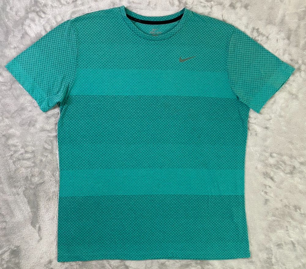 Nike Dri-FIT Running Shirt Mens XL Teal Striped Short Sleeve Mesh Training Top