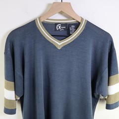 Vintage X-Treme Gear V-Neck Acrylic Shirt Size Medium Retro Striped Navy Blue