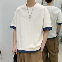Summer Men’s Cotton Loose Casual Large Size Fake Two Pieces Short Sleeve T-Shirt