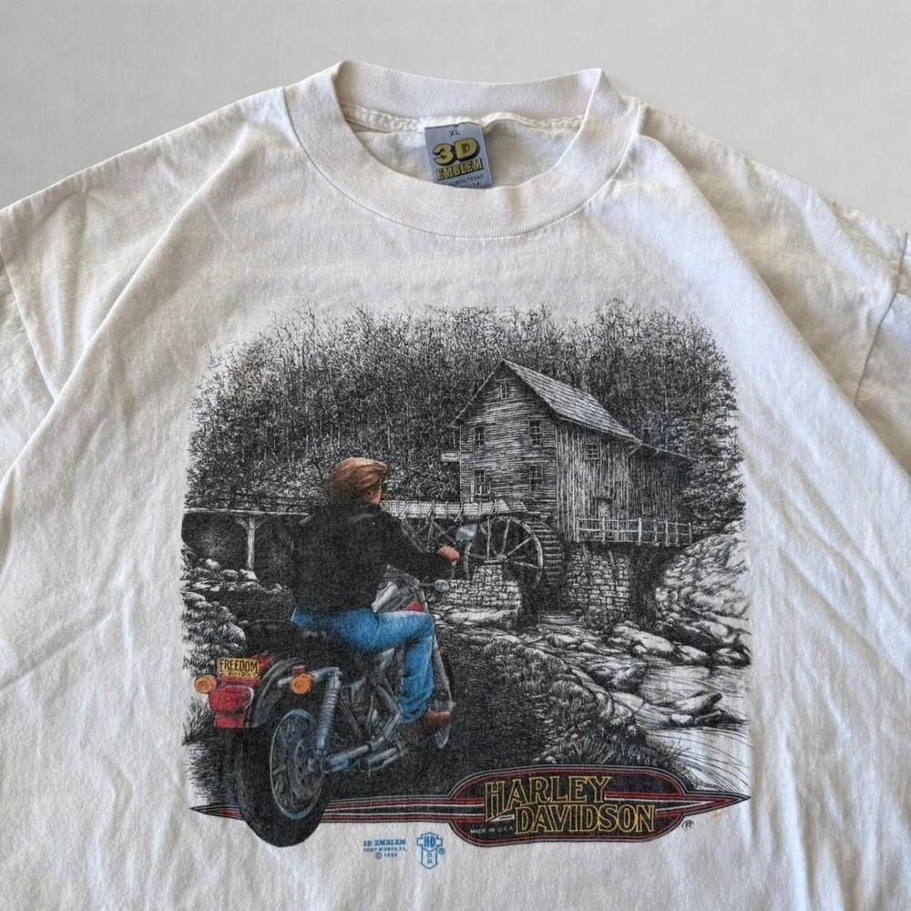Vintage 80s Harley Davidson 3D Emblem Freedom Mill Biker Charlotte NC T-Shirt XL
