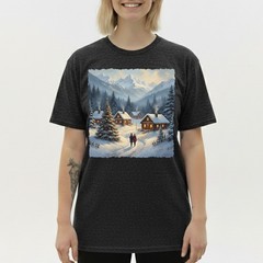 Cozy Winter Village T-Shirt Christmas Log Cabin Snow Scene Mountain Holiday Art