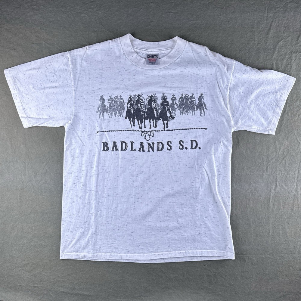 Vintage 90s Badlands SD Cowboy Horse Graphic T Shirt Western USA Single Stitch L