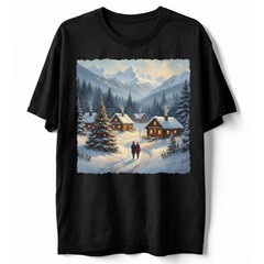 Cozy Winter Village T-Shirt Christmas Log Cabin Snow Scene Mountain Holiday Art