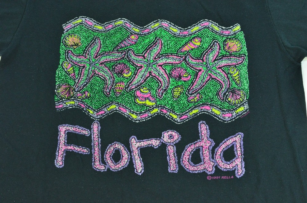 Vintage 90’s Florida Single Stitch Black Pink Souvenir Starfish Sea Shells Shirt