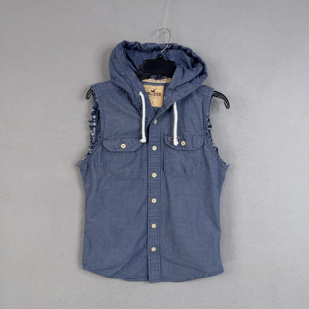 Hollister Vest Adult Small Blue Chambray Hooded Button Front Raw Hem Surfer Cut