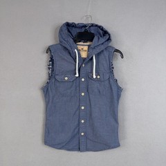 Hollister Vest Adult Small Blue Chambray Hooded Button Front Raw Hem Surfer Cut