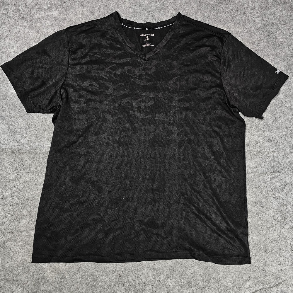 Kenneth Cole V-Neck T-Shirt Men L Black Mesh Camo Polyester Spandex