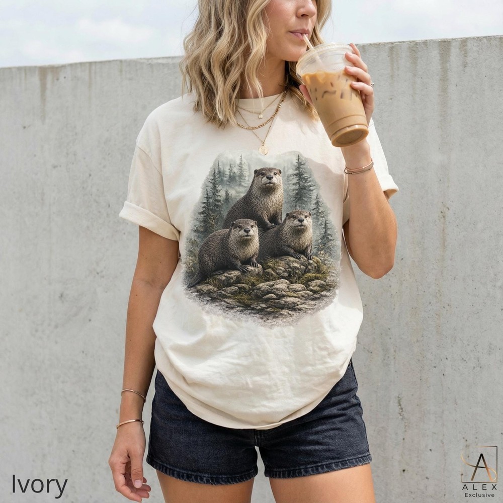 Otter Family Shirt Vintage Forest Wildlife Nature Pine Adventure Unisex Tee