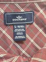 Dockers Mens L 16 16.5 Shirt No Wrinkles Stain Defender Maroon Plaid Long Sleeve