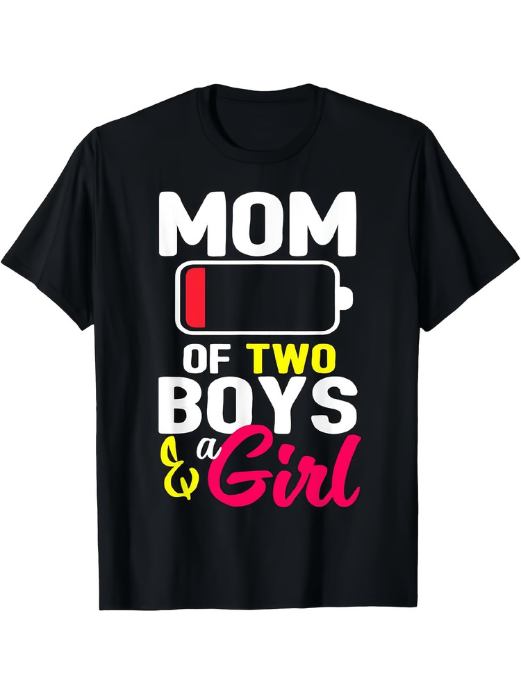 Mom Of 2 Boys & 1 Girl Graphic T-Shirt, Casual Crew Neck Tee, High Stretch Kni