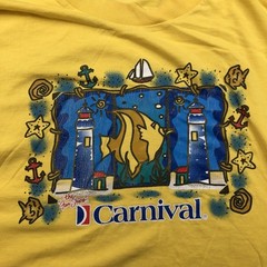 Vintage Carnival Shirt Mens 2XL Yellow Fun Ships Lighthouse Fish Graphic 90s Tee