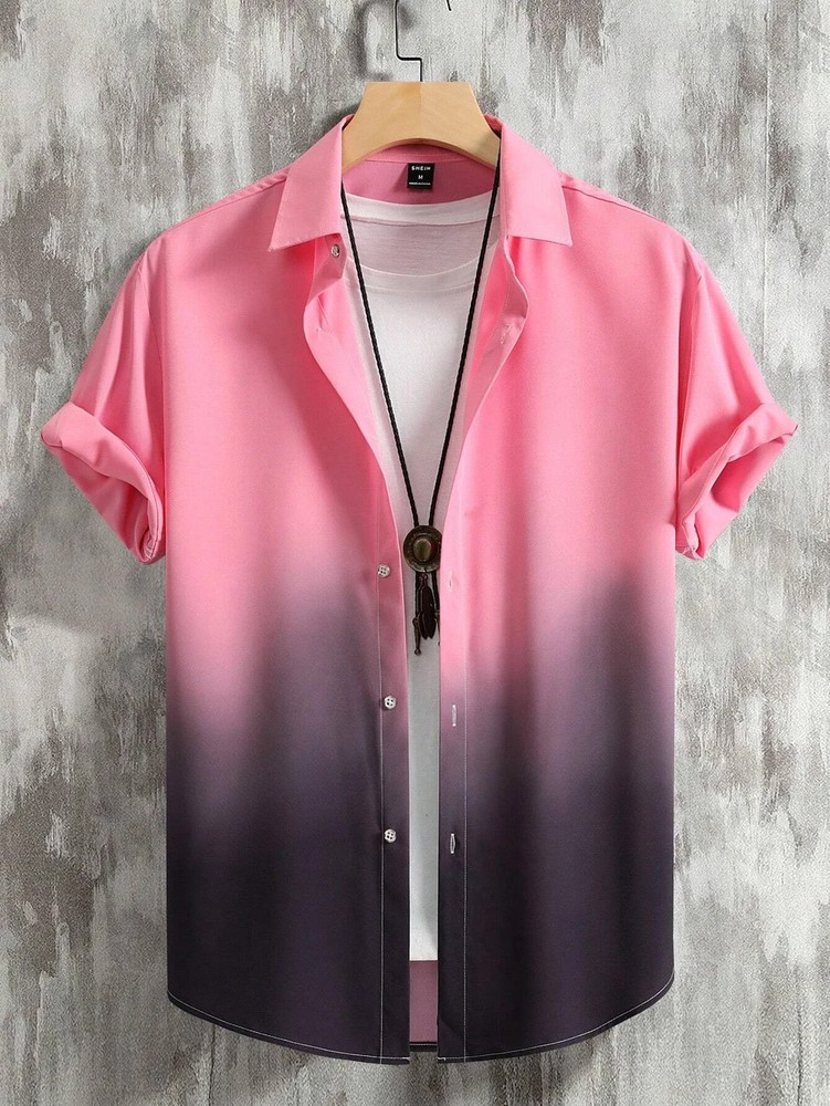 Men Hawaiian Shirt Gradient 3D Print Short Sleeve Streetwear Loose Fit Casual