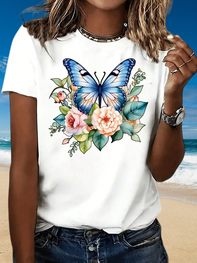 Butterfly Floral Print Women’s Casual T-Shirt Rose And Leaves Design