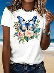Butterfly Floral Print Women’s Casual T-Shirt Rose And Leaves Design