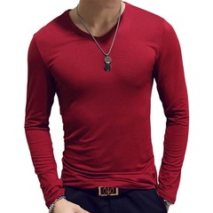 Men T Shirt Long Sleeve Slim Fit Solid Color Round Neck V Neck Cotton Top