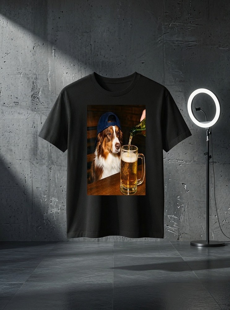 Unisex Funny Silly Australian Shepherd Drinking Beer Dog Cool Art Graphic