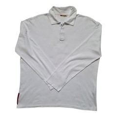 “Prada White LS Stretchable Polo Shirt Red Logo Patch”
