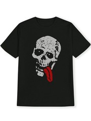 Skull with Red Tongue Print T-Shirt, Summer, Versatile, Athletic, Trendy T-Shirt