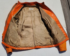 Vtg Bates Leather Motorcycle Racing Jacket Harley Orange w Stripes 1960’s L Cafe