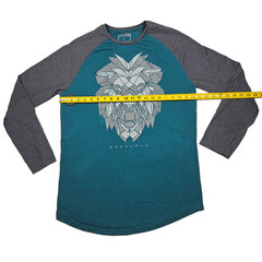 Sean John Lion Graphic L T-Shirt Raglan Teal w/ Gray Long Sleeve Crew Neck Cott