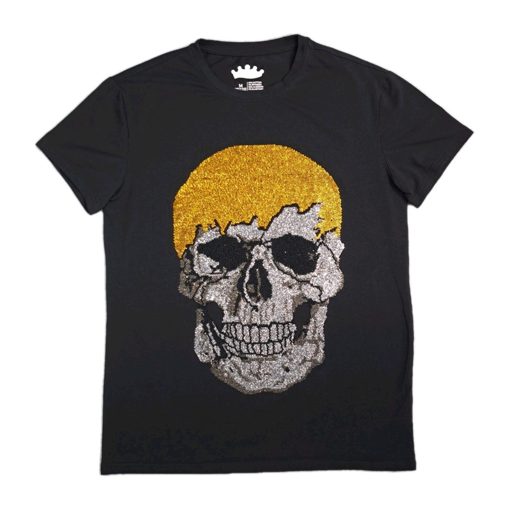 Heads Or Tails T-Shirt Size M Black Rhinestone Studded Skull Goth Grunge Bling