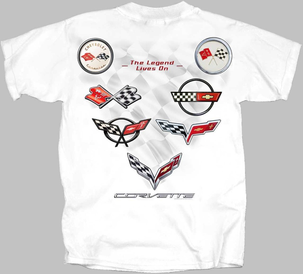 JOE BLOW T’ S CHEVY CORVETTE C1 THRU C7 FLAGS LEGEND LIVES WHITE TEE SHIRT
