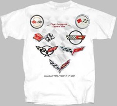 JOE BLOW T’ S CHEVY CORVETTE C1 THRU C7 FLAGS LEGEND LIVES WHITE TEE SHIRT