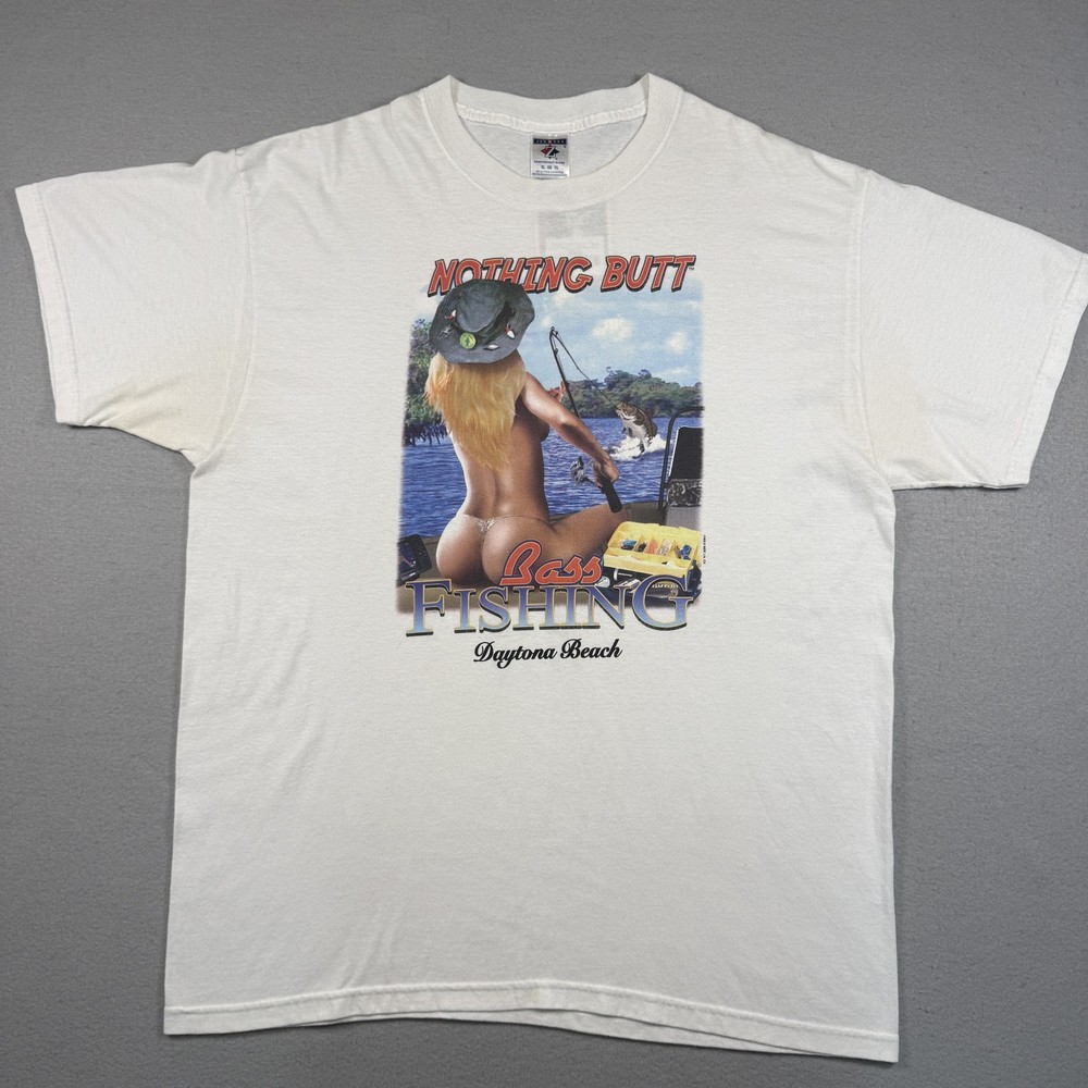 Jerzees T-Shirt Men’s XL White Fishing Nothing Butt Bass Babe Joke Funny