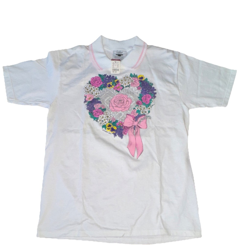 Vintage 90s Polo Shirt floral heart Women’s size Medium NWT Filene’s white pink