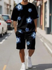 Mens 2 Piece Set T-Shirt & Shorts Graphic Flower Print Black White Summer Outfit